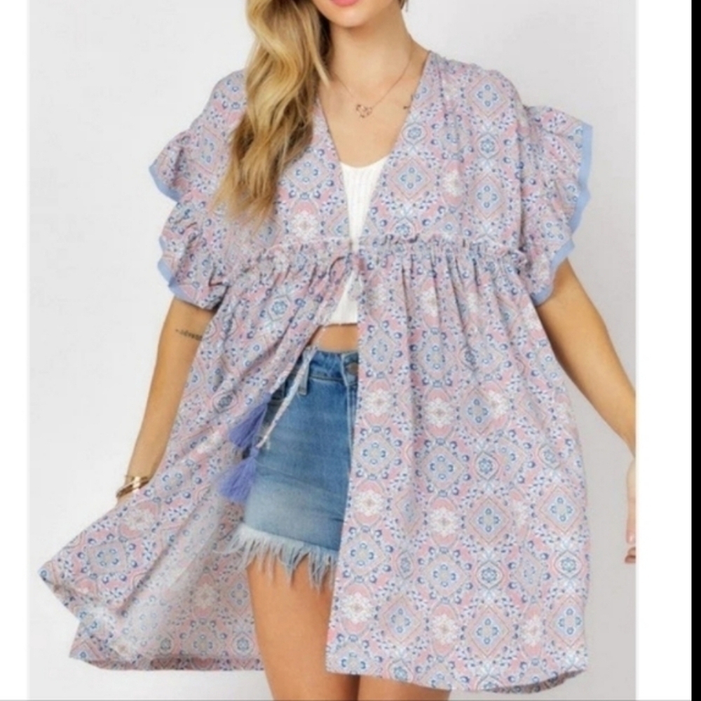 Nwt DAVI & DANI PRINTED SHORT SLEEVE RUFFLED KIMONA SIZE SMALL